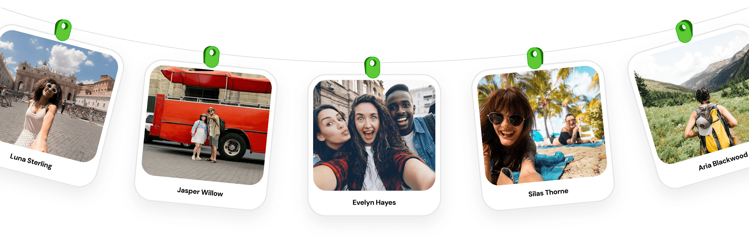 Five pictures hanging from a line