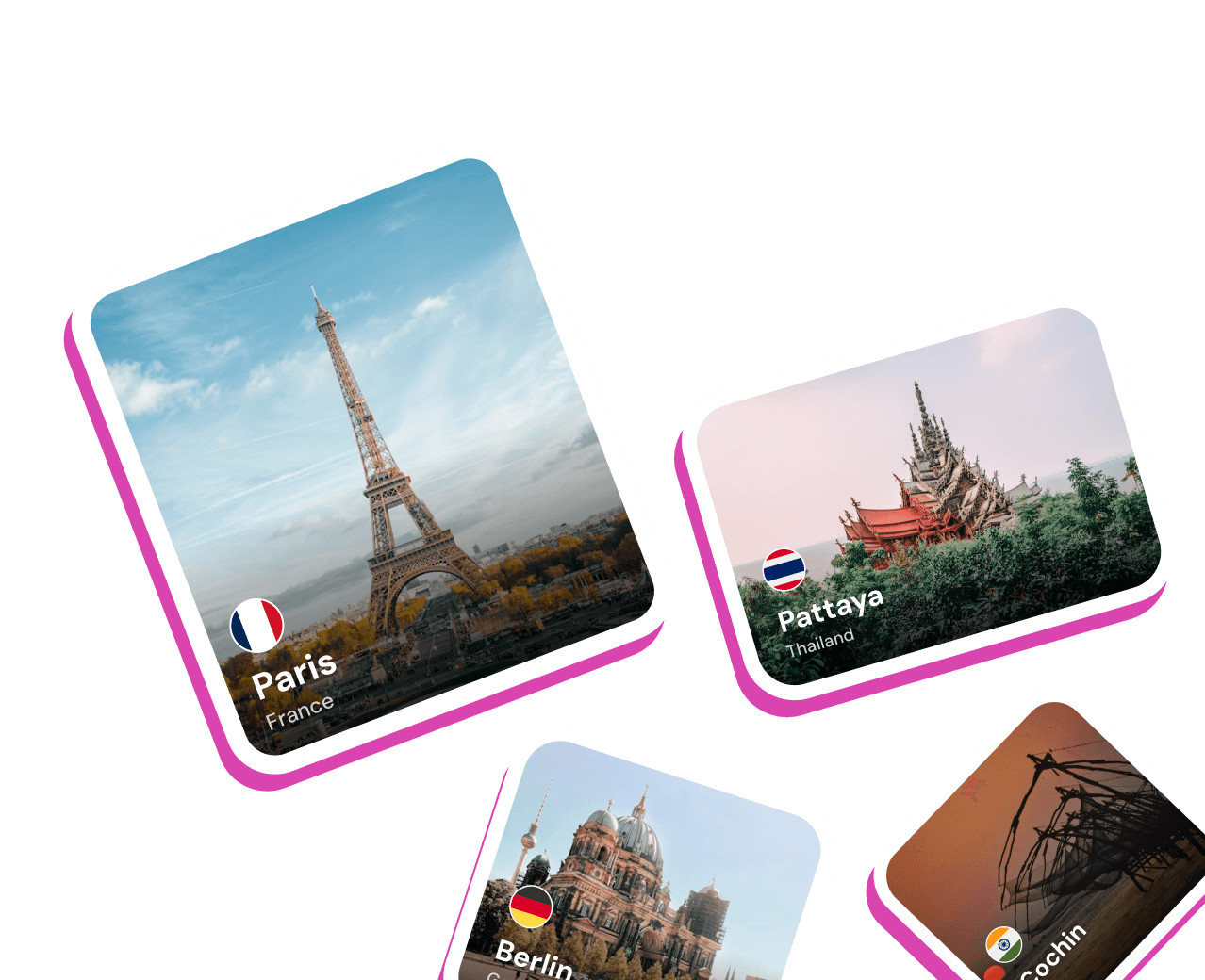 Beeroam trip cards of a few locations like Paris, Belgium, Thailand and India