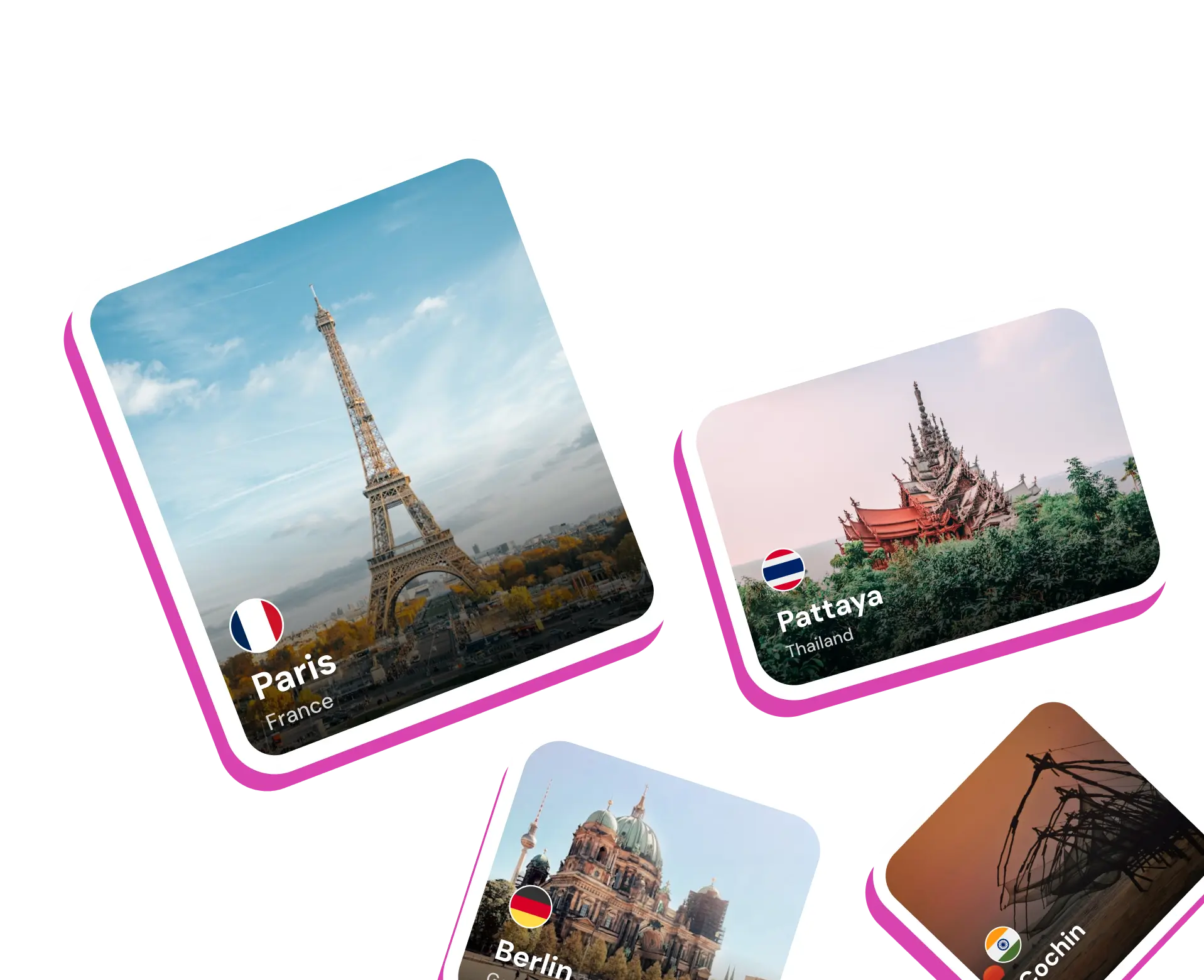 Beeroam trip cards of a few locations like Paris, Belgium, Thailand and India